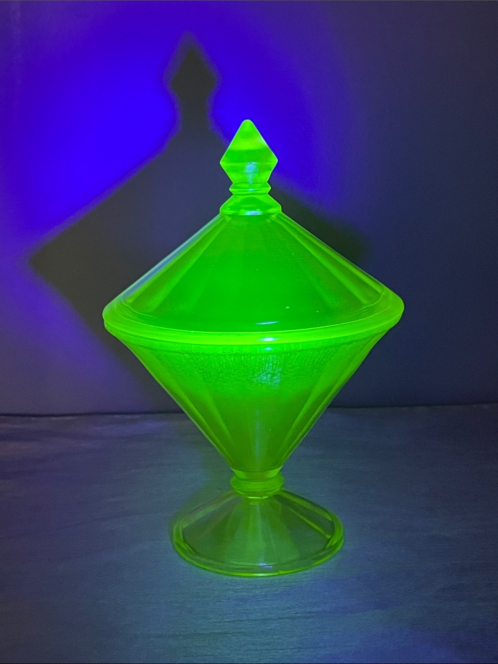 Vintage Art Deco Paneled Uranium Glass Covered Candy Jar